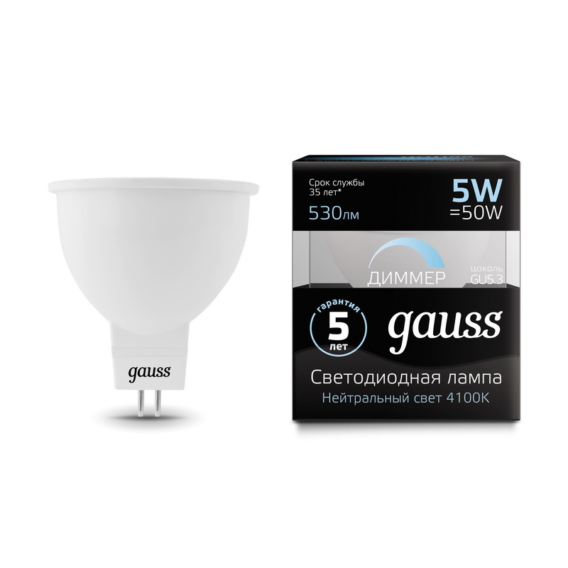 Лампа Gauss LED MR16 GU5.3-dim 5W 4100K  диммируемая 101505205-D