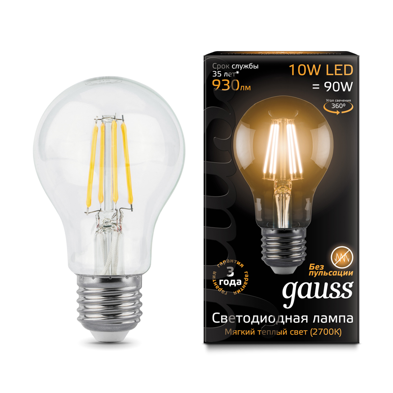 Лампа Gauss LED Filament A60 E27 10W 2700К 1/10/40 102802110