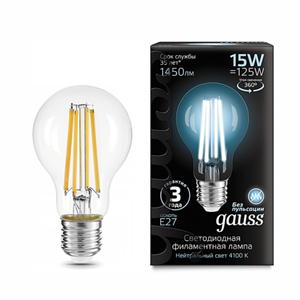 Лампа Gauss LED Filament А60 15W 1450lm 4100К Е27  1/10/40(102902215)