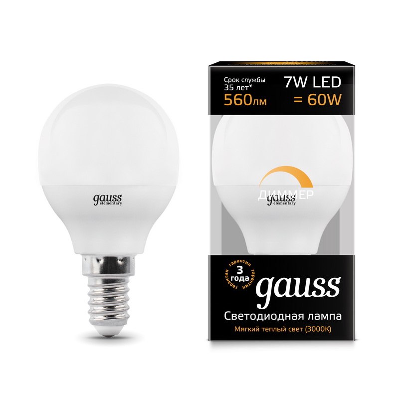 Лампа Gauss LED Globe-dim E14 7W 3000К диммируемая 105101107-D