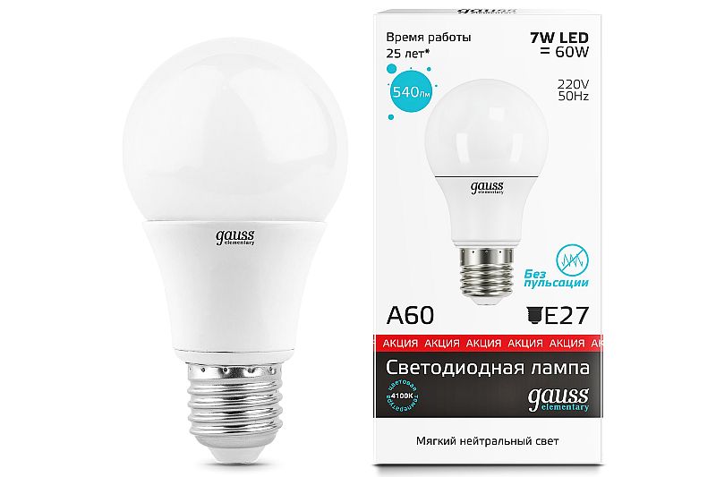 Лампа Gauss Elementary  LED  A60 7W Е27 4100K 1/10/100 (23227А)