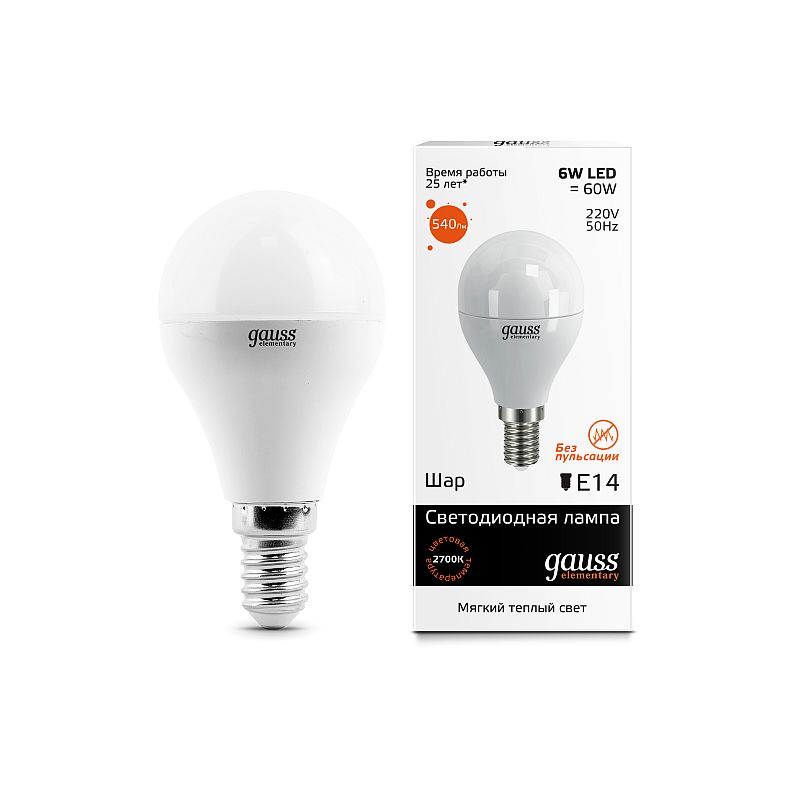 Лампа Gauss LED Elementary Globe 6W E14 3000K 1/10/50 (53116)