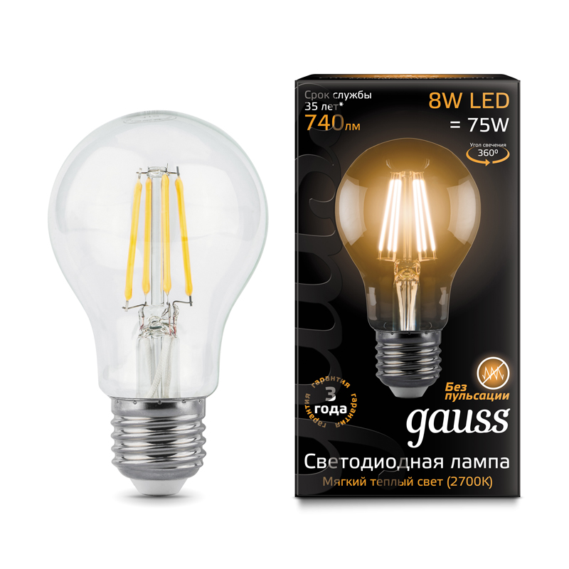 Лампа Gauss LED Filament A60 E27 8W 2700К (102802108)