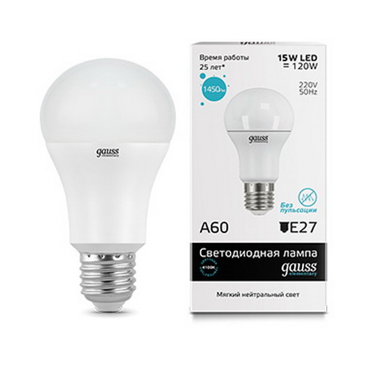 Лампа Gauss Elementary LED A60 15W E27 4100K 1/10/40 (23225)