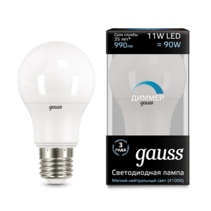 Лампа Gauss LED A60-dim E27 11W 4100К диммируемая 1/10/50 (102502211-D)