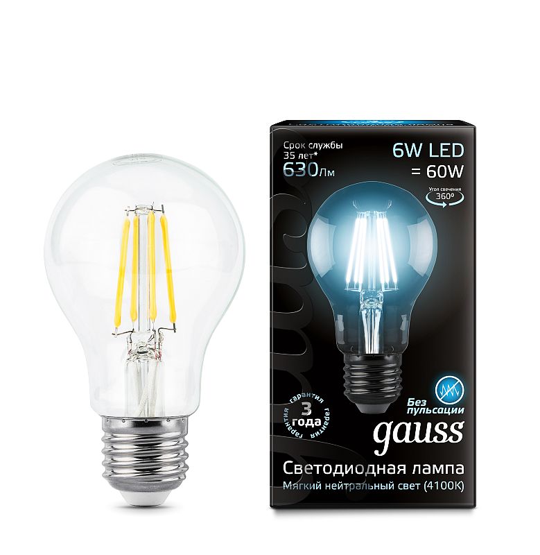 Лампа Gauss LED Filament A60 E27 6W 4100К 102802206