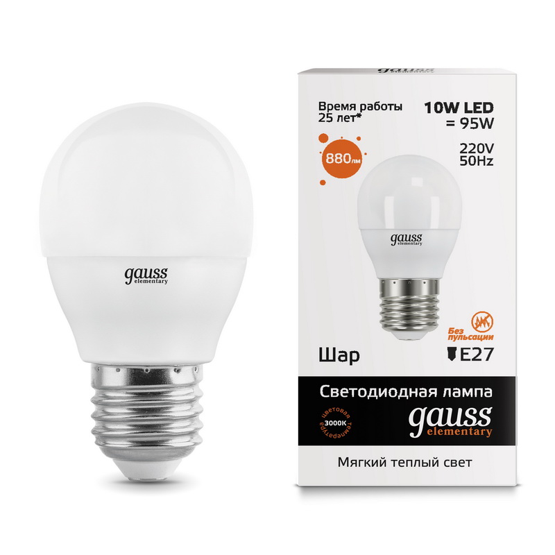 Лампа Gauss LED Elementary Globe 10W E27 3000K 1/10/100 53210