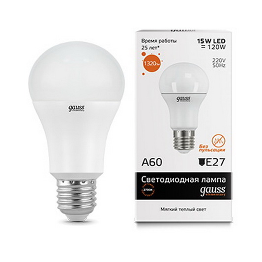 Лампа Gauss Elementary LED A60 15W E27 3000K 1/10/40 (23215)