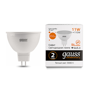 Лампа Gauss LED Elementary MR16 11W 3000K GU5.3  1/10/100 (13511)