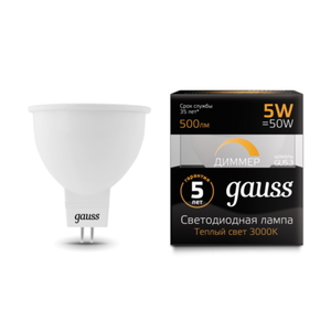 Лампа Gauss LED MR16 GU5.3-dim 5W 3000K  диммируемая (101505105-D)