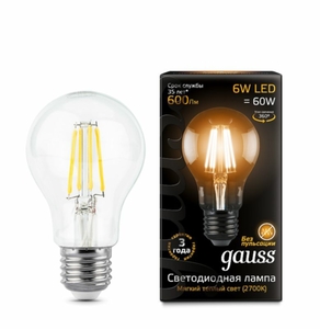 Лампа Gauss LED Filament A60 E27 6W 2700К 102802106