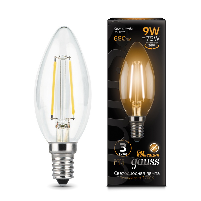 Лампа Gauss LED Filament Candle E14 9W 2700К 1/10/50 103801109